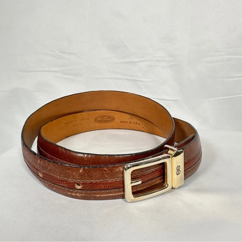 Bill Blass Vintage Leather Belt Brass Buckle Made in USA 36 Quiet Luxury